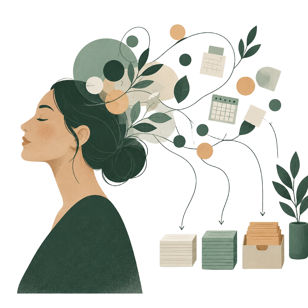 Illustration of thoughts, calendars, and details lifting out of a woman's mind and being organized into neat stacks